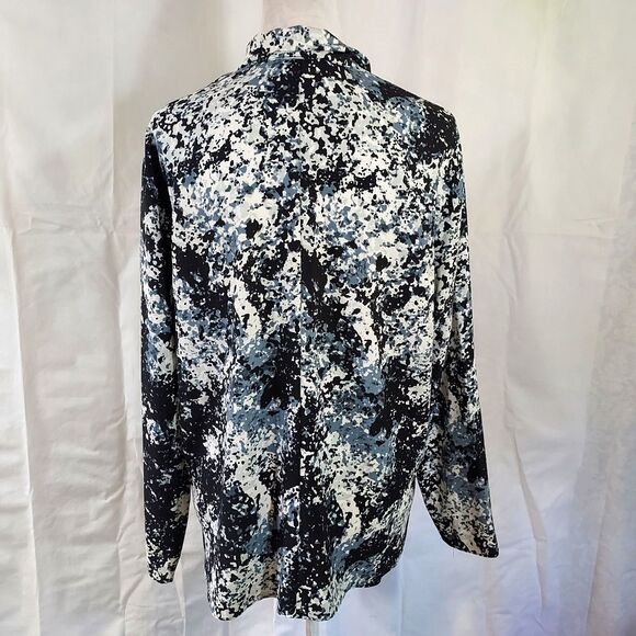 Nordstrom Shirt Top Women Size Medium Button Up Tie Neck Black Gray White Blouse - Picture 7 of 12